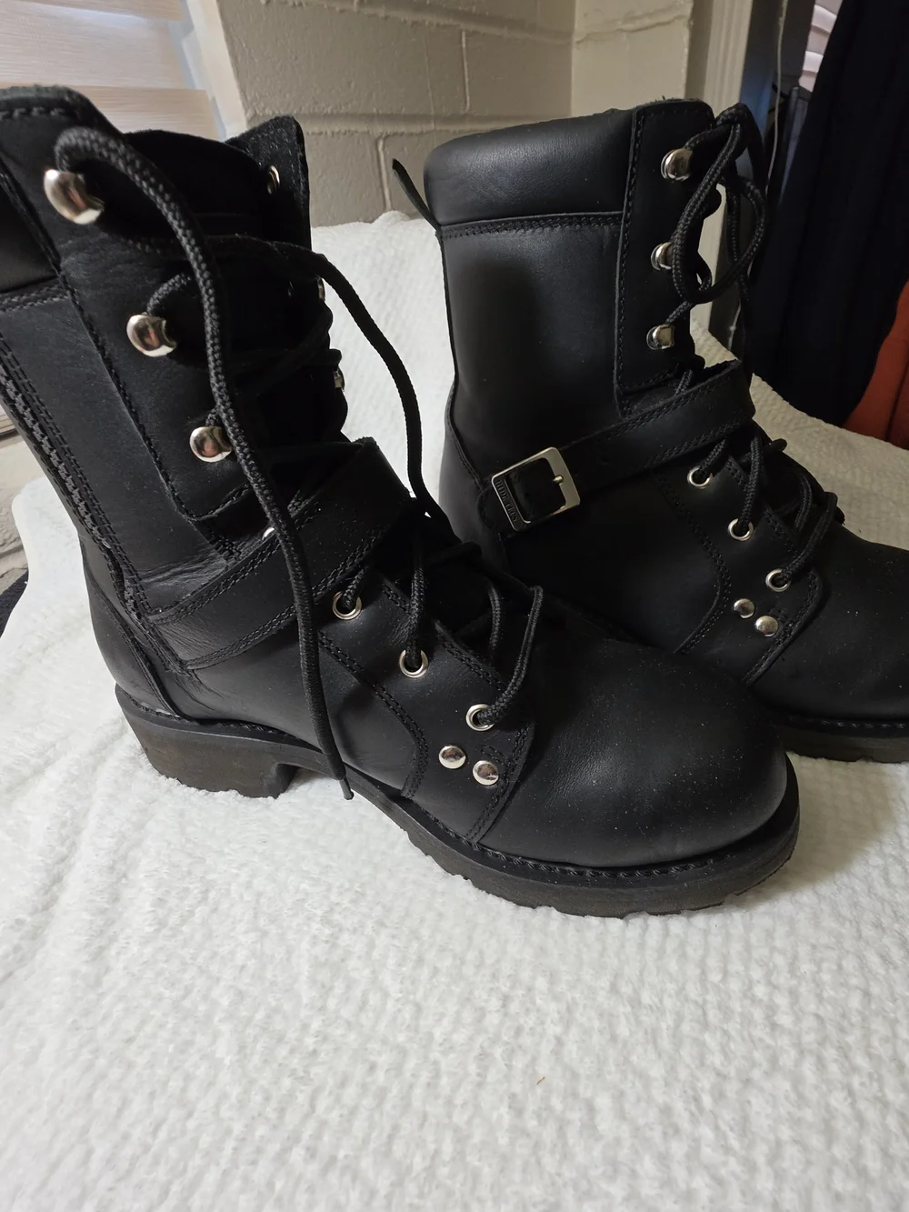Black Leather Lace-Up Combat / Motorcycle Boots with Buckle Detail Steel Toed